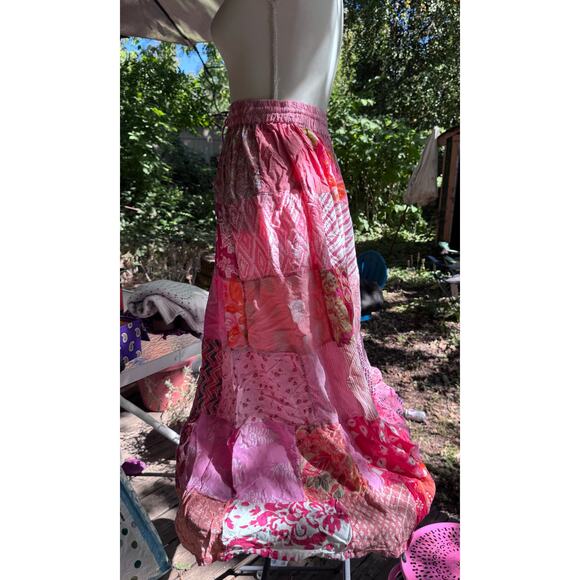INDIA BOUTIQUE Pink Patchwork 6 Tiered Maxi Skirt Free Size 100% Rayon - Picture 2 of 5